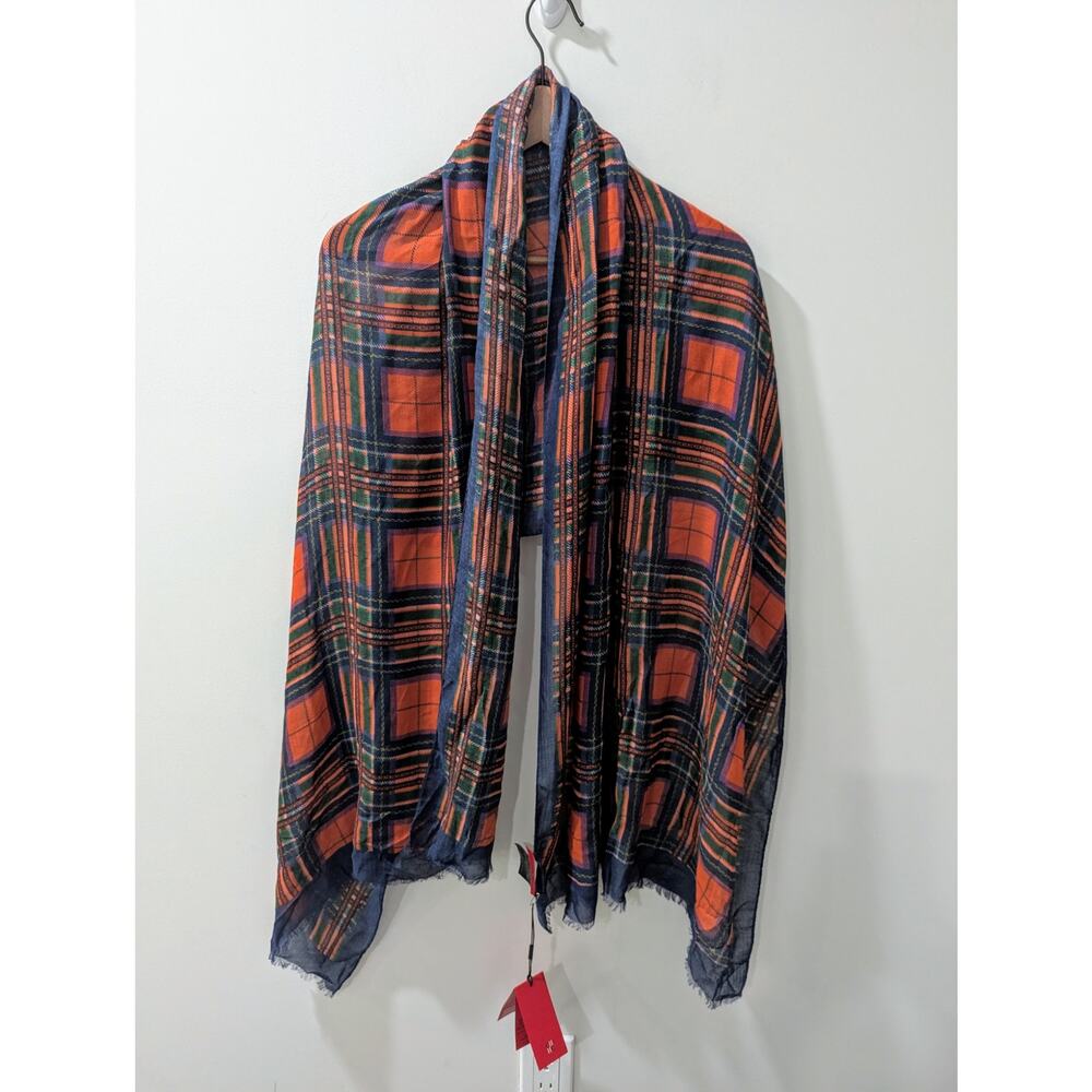 Carolina Herrera Red Blue Plaid Modal Cashmere Scarf NWT